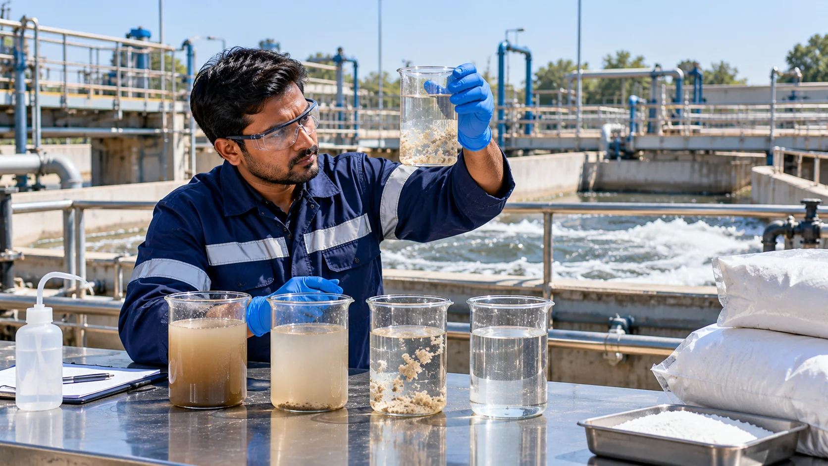 Industrial wastewater treatment jar testing for anionic versus cationic polyelectrolyte selection