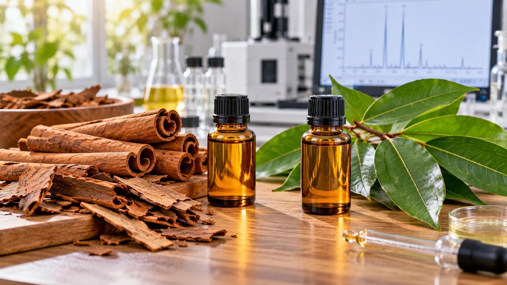 Cinnamon bark oil vs cinnamon leaf oil with amber bottles, cinnamon bark and green leaves