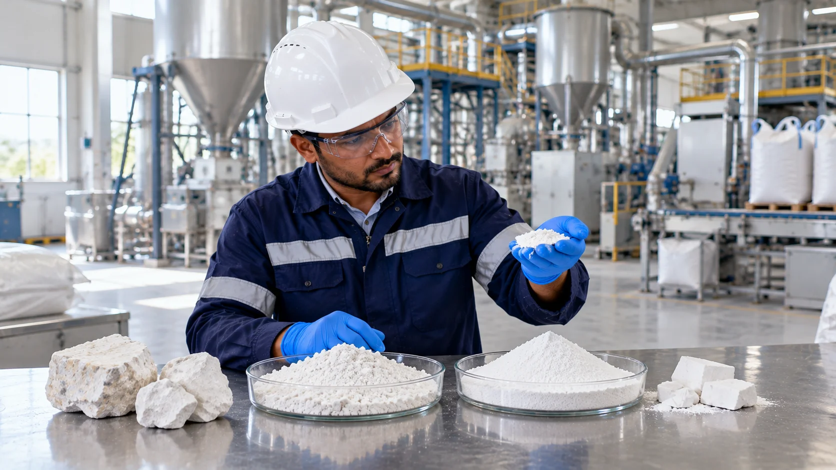 GCC versus PCC calcium carbonate fine mineral powders compared at an industrial processing plant