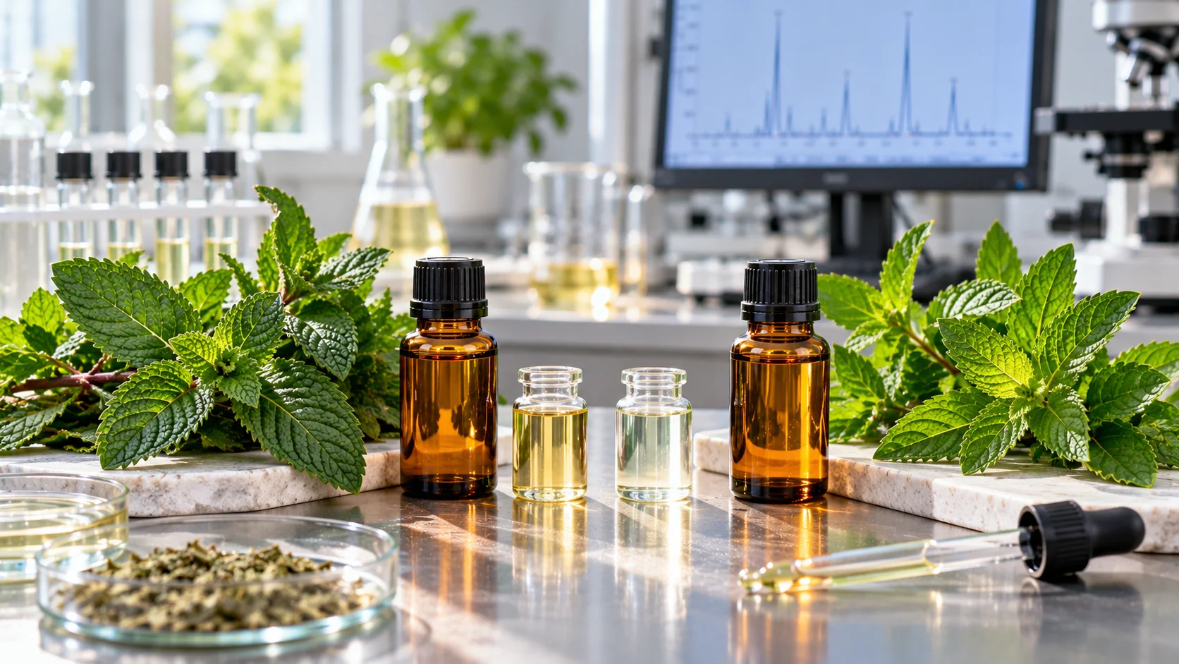 Peppermint oil vs spearmint oil comparison with fresh mint leaves and essential oil bottles in a quality-control lab